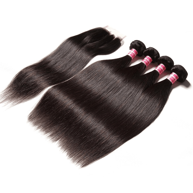 Remy Forte Straight Hair 4 Bundles with 4×4 Lace Closure Human Hair Closure With Bundles