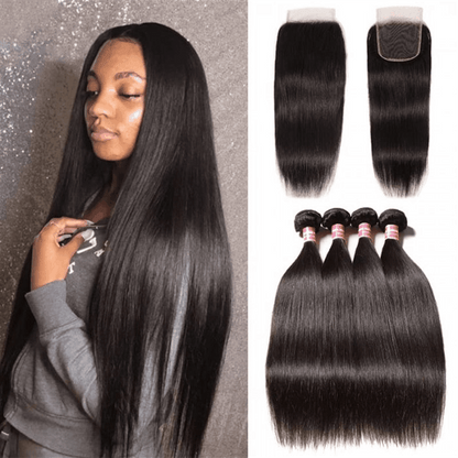 Remy Forte Straight Hair 4 Bundles with 4×4 Lace Closure Human Hair Closure With Bundles