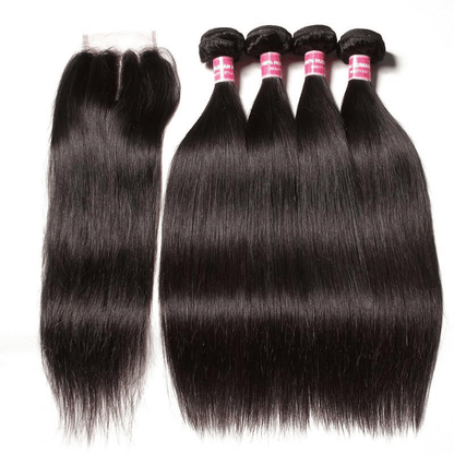 Remy Forte Straight Hair 4 Bundles with 4×4 Lace Closure Human Hair Closure With Bundles