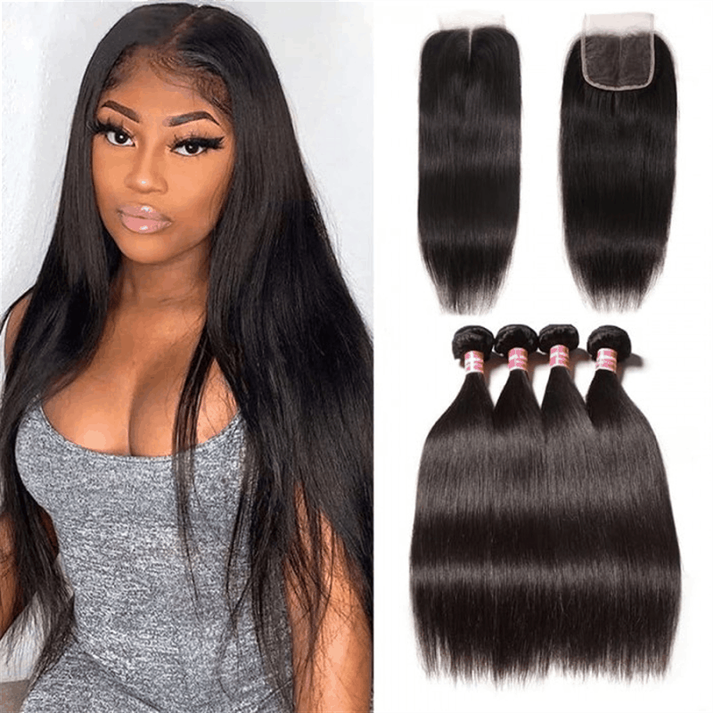 Remy Forte Straight Hair 4 Bundles with 4×4 Lace Closure Human Hair Closure With Bundles