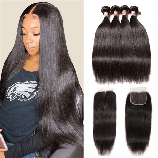 Remy Forte Straight Hair 4 Bundles with 4×4 Lace Closure Human Hair Closure With Bundles