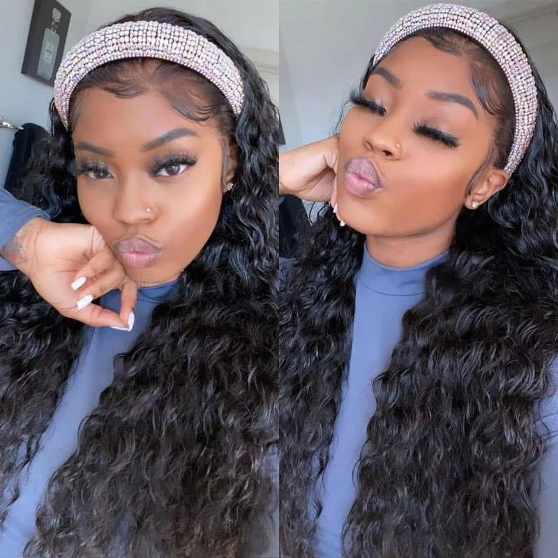 Throw On & Go Headband Deep Wave Glueless Human Hair Wigs No Lace 100% Human Hair No Glue