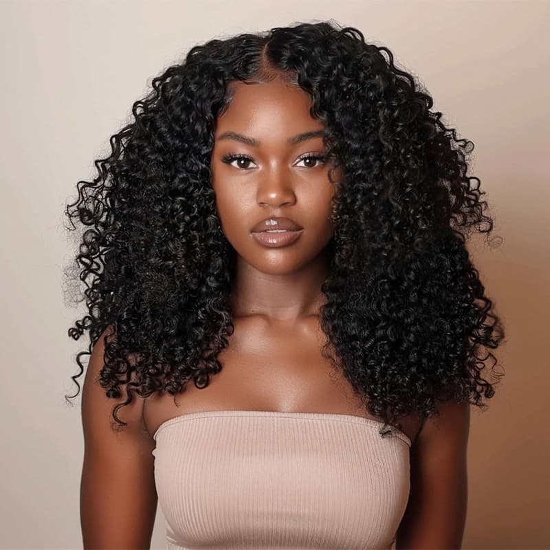 bouncy voluminous look of kinky curly v part human hair wigs