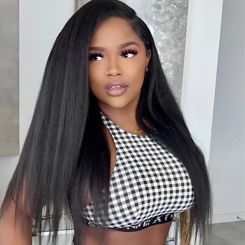 V Part Yaki Straight Wig Protective Style Wigs V Shape Wig No Lace Protective Human Hair Wig