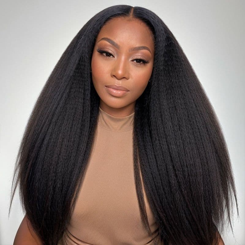 V Part Yaki Straight Wig Protective Style Wigs V Shape Wig No Lace Protective Human Hair Wig