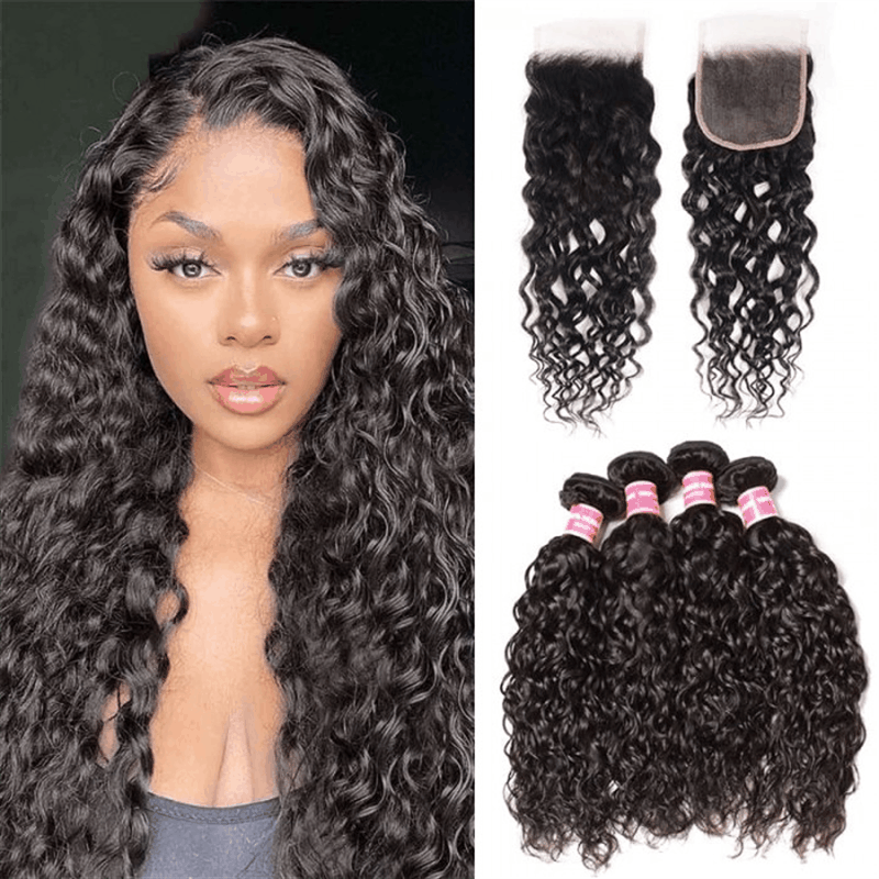 Remy Forte Water Wave Hair Bundles 4 Pcs With 4×4 Lace Closure Human Hair Bundles Tangle Free