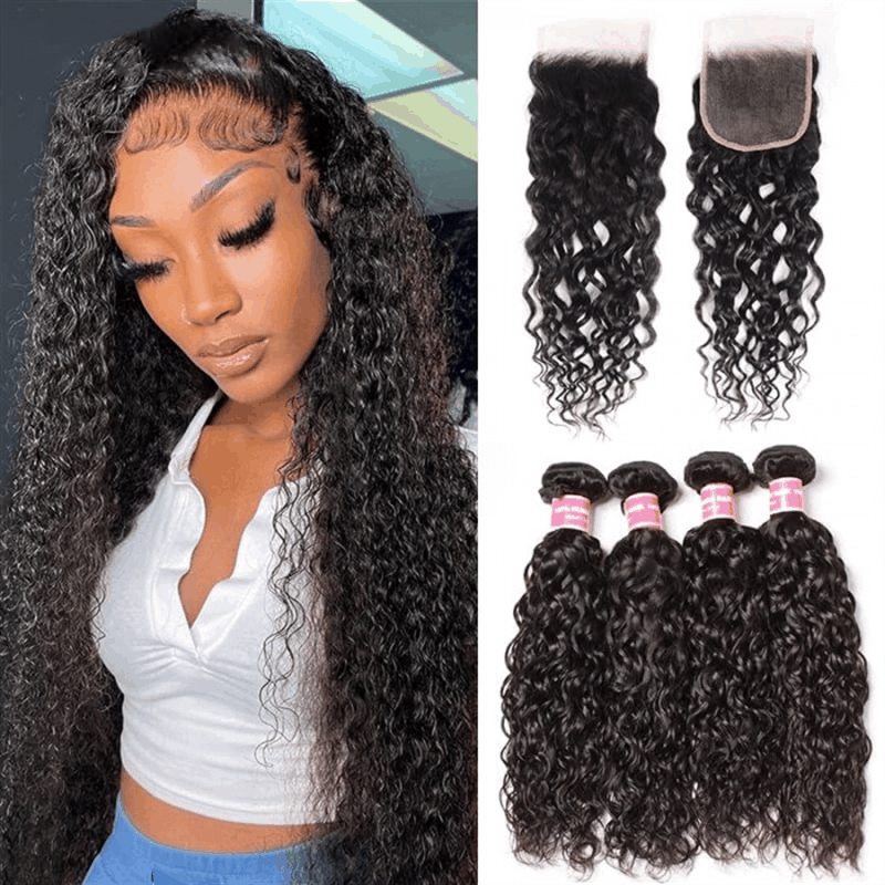 Remy Forte Water Wave Hair Bundles 4 Pcs With 4×4 Lace Closure Human Hair Bundles Tangle Free