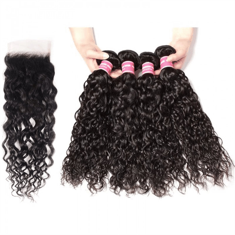 Remy Forte Water Wave Hair Bundles 4 Pcs With 4×4 Lace Closure Human Hair Bundles Tangle Free