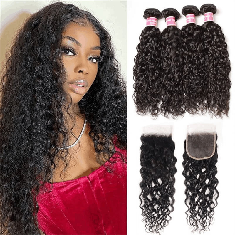 Remy Forte Water Wave Hair Bundles 4 Pcs With 4×4 Lace Closure Human Hair Bundles Tangle Free