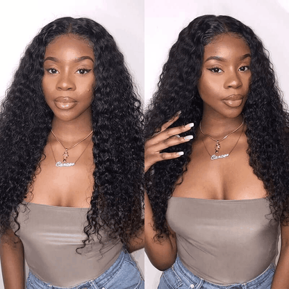 Water Wave Wear Go Pre Cut Lace Closure/Frontal Glueless Human Hair Wigs Natural Black
