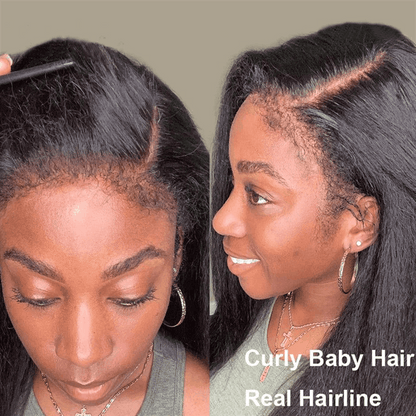 Yaki Straight Human Hair Wigs 4C Kinky Edges 13×4 Lace Front Wigs With Curly Baby Hair