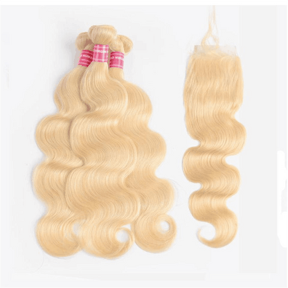 Remy Forte #613 Blonde Body Wave Hair 3 Bundles With 4×4 Lace Closure 100% Human Hair Bundles