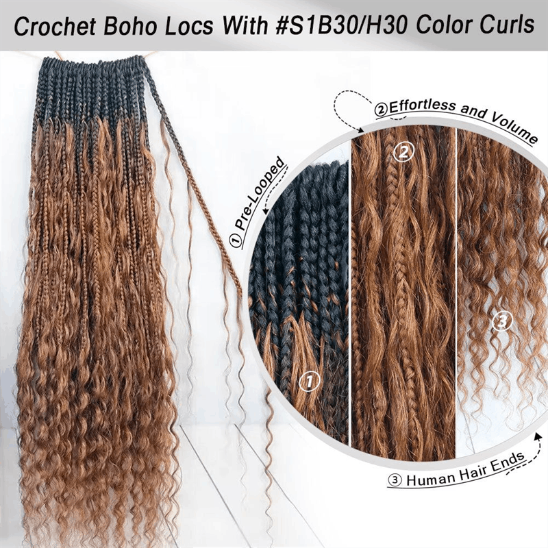 Crochet Boho Box Braids with Human Hair Curls Pre-Looped Boho Braids Crochet Hair Extensions 3 Packs