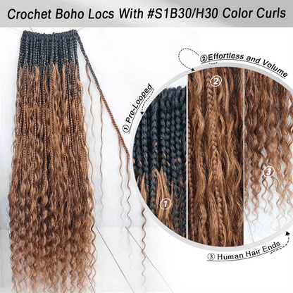 Crochet Boho Box Braids with Human Hair Curls Pre-Looped Boho Braids Crochet Hair Extensions 3 Packs