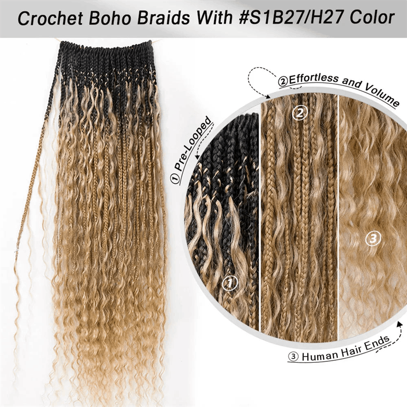 Crochet Boho Box Braids with Human Hair Curls Pre-Looped Boho Braids Crochet Hair Extensions 3 Packs