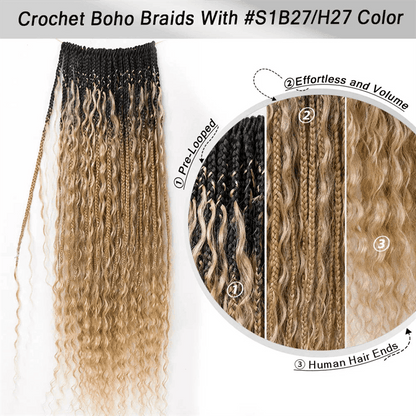 Crochet Boho Box Braids with Human Hair Curls Pre-Looped Boho Braids Crochet Hair Extensions 3 Packs