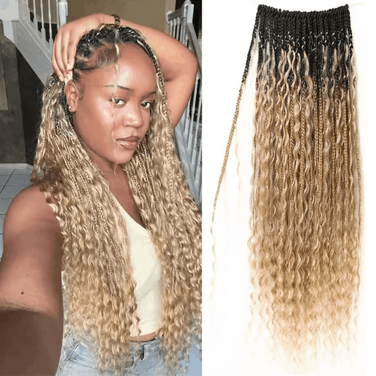 Crochet Boho Box Braids with Human Hair Curls Pre-Looped Boho Braids Crochet Hair Extensions 3 Packs