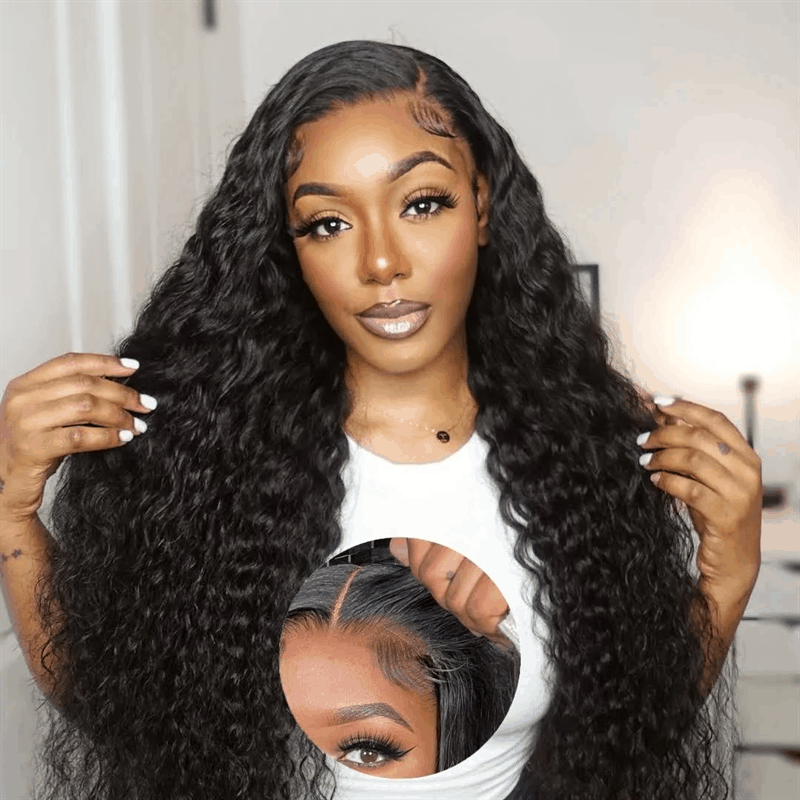 Deep Wave 7×5 Glueless Lace Closure Wig Pre Cut Lace Human Hair Wig Pre-Bleached Knots Wear Go Wig