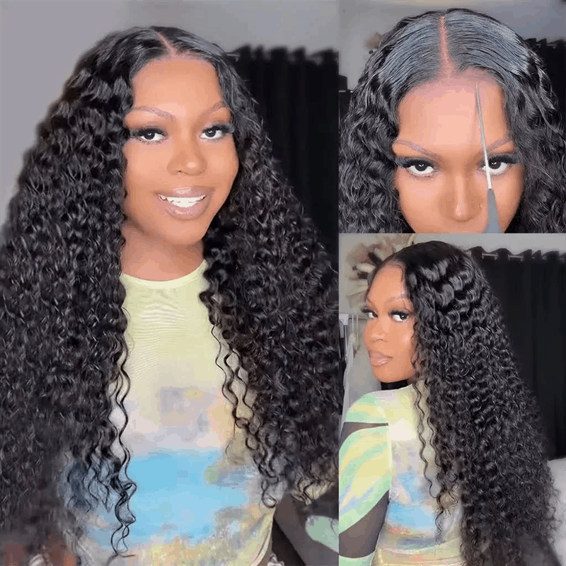 Deep Wave 7×5 Glueless Lace Closure Wig Pre Cut Lace Human Hair Wig Pre-Bleached Knots Wear Go Wig
