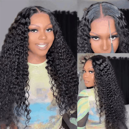 Deep Wave 7×5 Glueless Lace Closure Wig Pre Cut Lace Human Hair Wig Pre-Bleached Knots Wear Go Wig