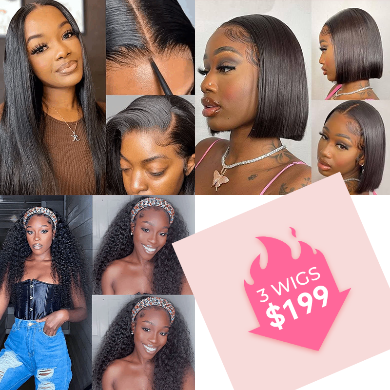 Straight Hair 5×5 Pre Cut Lace Wig And 13×4×1 T Part Lace Bob Wig And Jerry Curly Headband Wig $199 Get 3 Wigs Sale