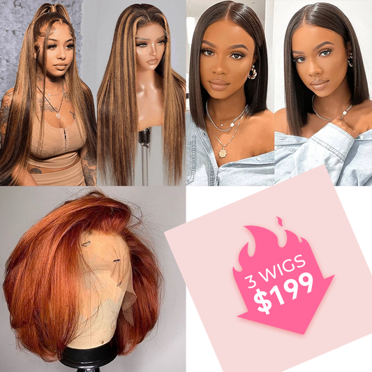 Straight Honey Blonde Highlight 13×4×1 T Part Lace Wig And Glueless V Part Bob Wig And Orange Ginger Bob 13×4×1 T Part Lace Wig $199 Get 3 Wigs Sale